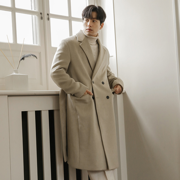 [HOMME] Wool Double Button Belted Long Coat