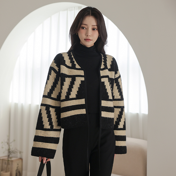 Geometry Jacquard Color Combination Knit Open Cardigan