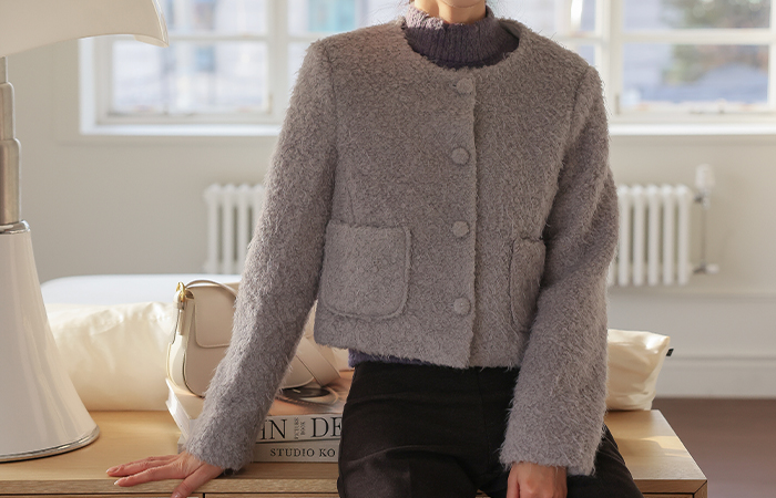 fluffy Bouclé Raund neck Crop Wool Jacket