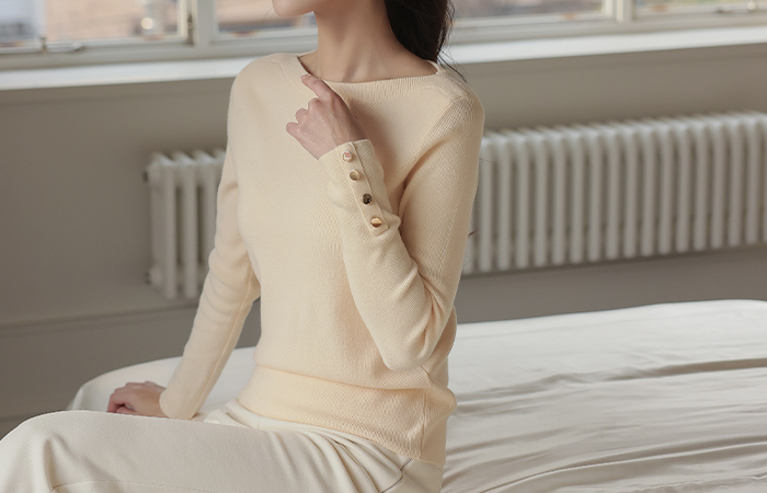 Boat Neck Sleeves Gold Button Knit