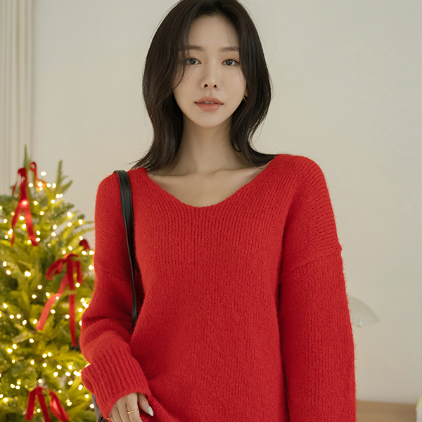 slender V-neck Alpaca&Wool Color Point Knit