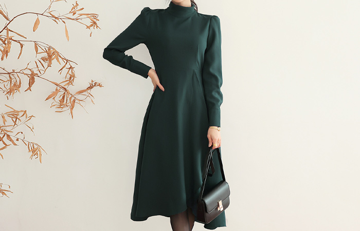 ODE High-Neck Pearl Buttons Flared Dress