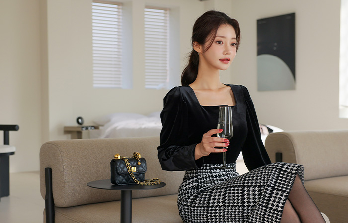 Velvet Square Neck Gold Ball Button Blouse