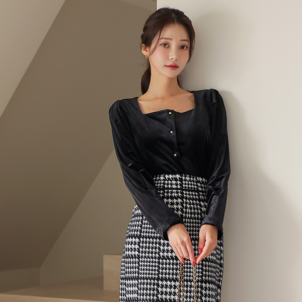 Velvet Square Neck Gold Ball Button Blouse