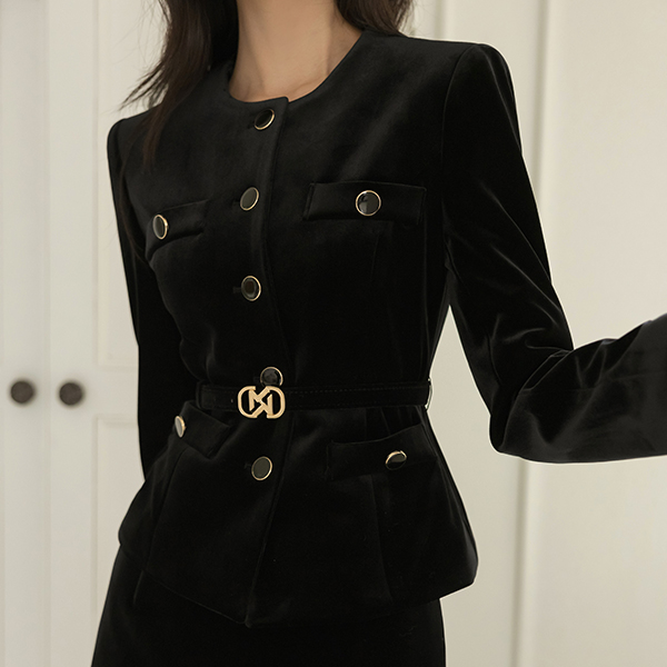 Gold Button Velvet Slim Fit Jacket (BeltSET)