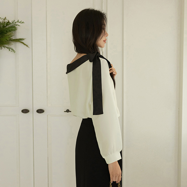 slender Harp Off Shoulder Ribbon Tie Neck Blouse