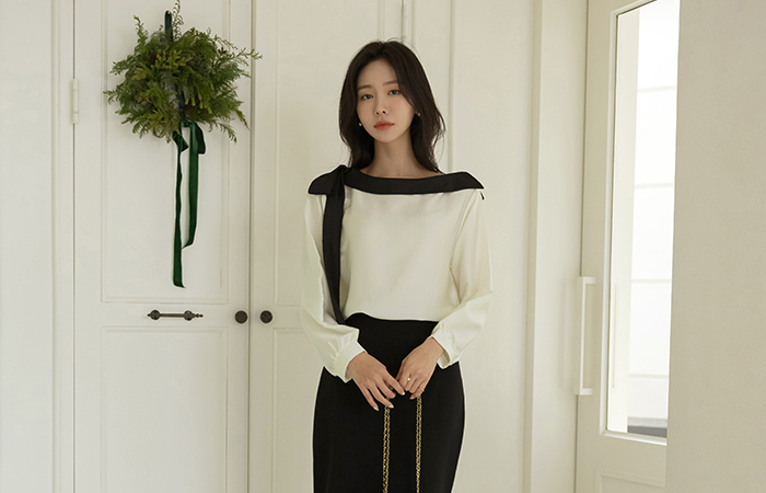 slender Harp Off Shoulder Ribbon Tie Neck Blouse