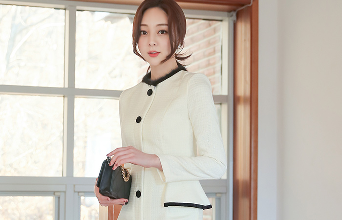 Real Mink Trimming Pearl Tweed Peplum Dress