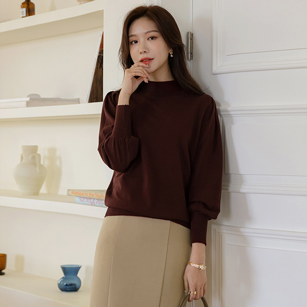 Shirring Puff Sleeves Half-Highneck Knit