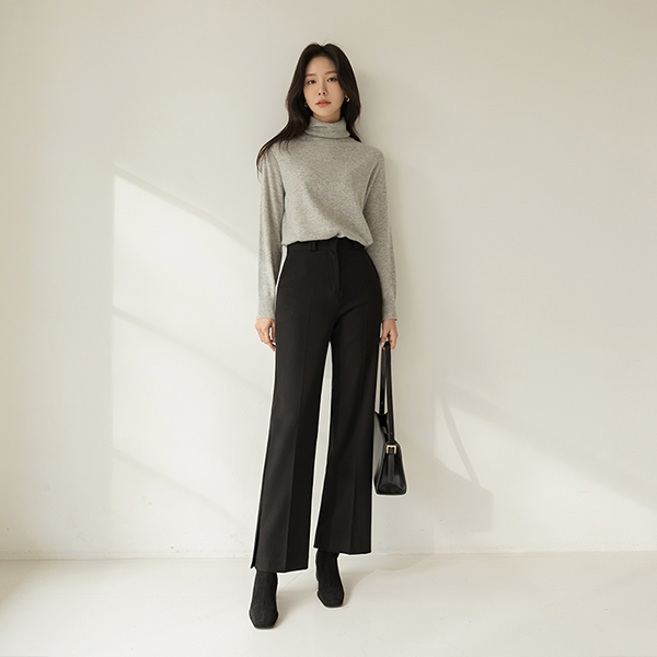 Hidden Straight Fit Hems Slit Wool Slacks