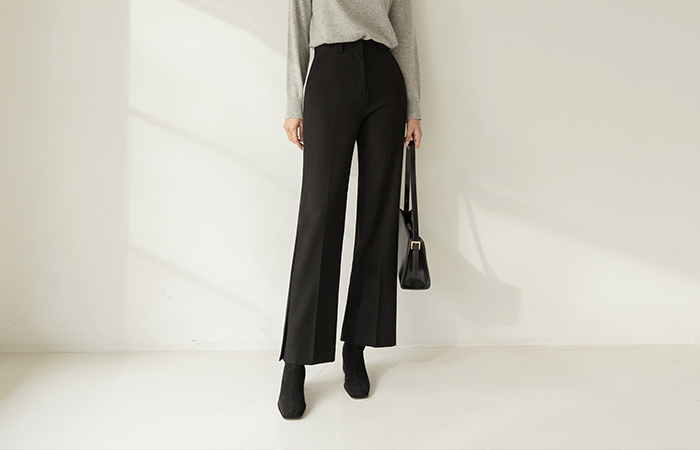 Hidden Straight Fit Hems Slit Wool Slacks