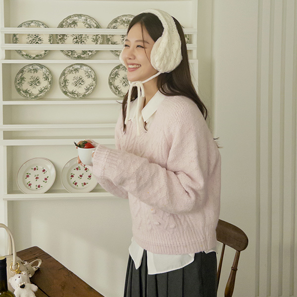 Cable Pom Pom Patterns sugar V-neck Wool Knit