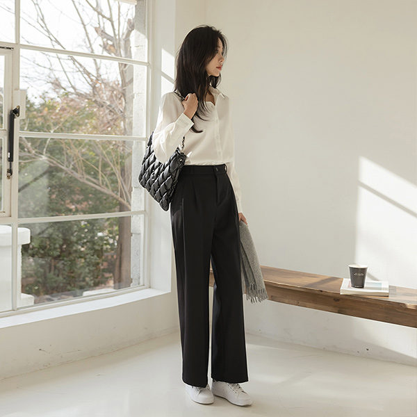 Comfortable Double Pintuck Wide Back Banding Napping Slacks