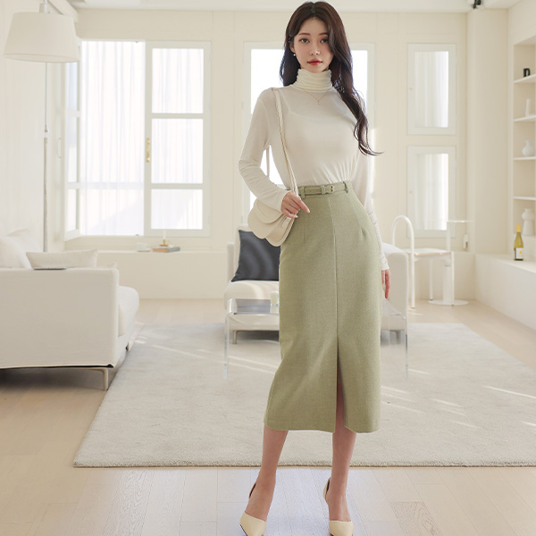 Front Slit Belted Wool Skirt