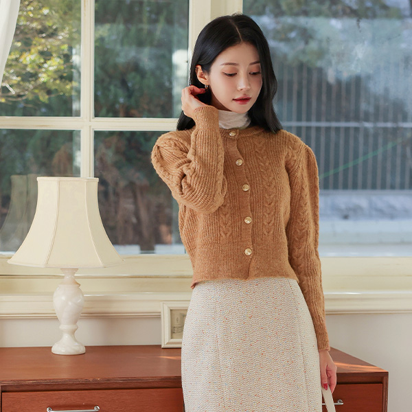 Cable Gold Button Puff Sleeves Wool Cardigan