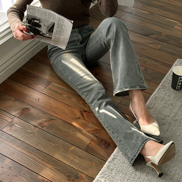 Vintage Color Stretchy-Waist Slim Boot-Cut Denim Pants (napping lining)