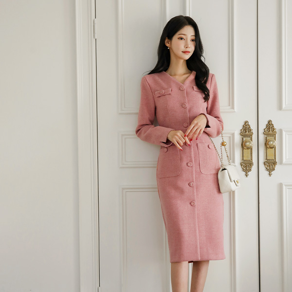 메이핀 V-neck Tweed H-line Wool Dress