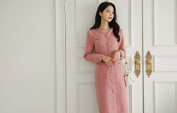 메이핀 V-neck Tweed H-line Wool Dress