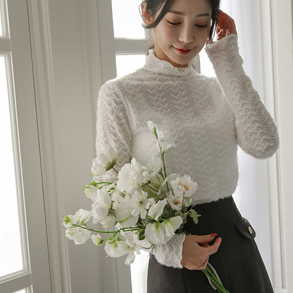 Winter fluffy High-Neck Tight See-through T-shirt