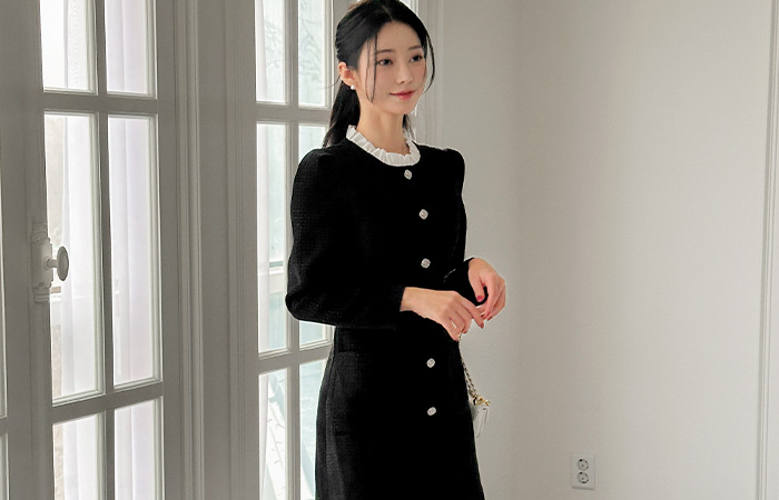 fluffy Wool Tweed Color Combination Frill Neck Puff Dress