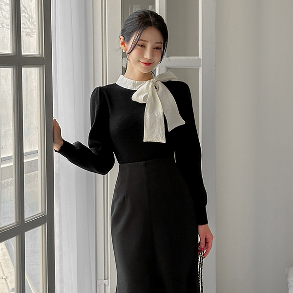 Romantic Color Combination Ribbon Tie Puff Knit