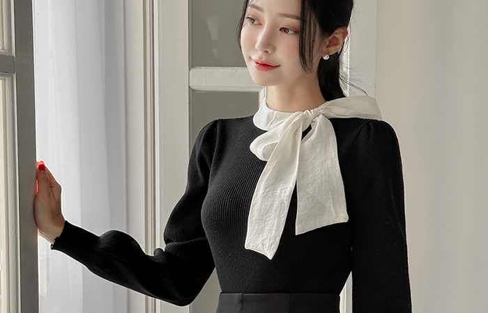 Romantic Color Combination Ribbon Tie Puff Knit