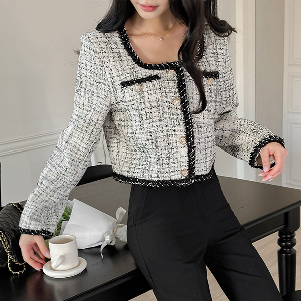 Deep Square Neck Jewel Button Tweed Jacket