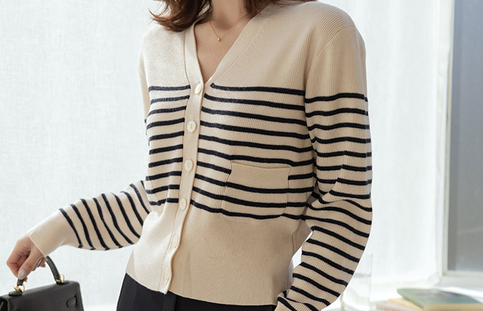 V-neck Stripe Pocket Wool Cardigan