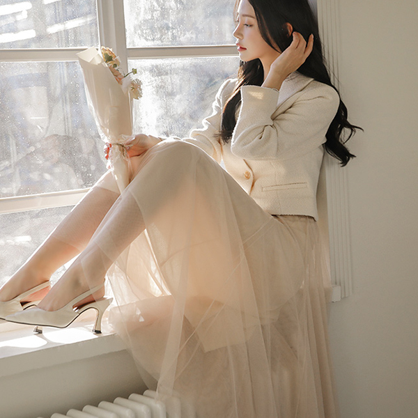 Daily Tulle Waist Banding Long Skirt