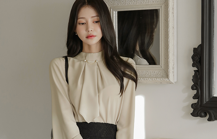 Pearl Decoration Scarf-Neck Blouse