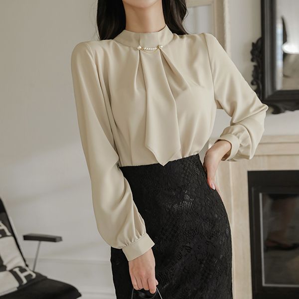 Pearl Decoration Scarf-Neck Blouse