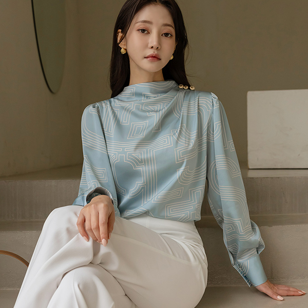 Satin Half-Neck Side Gold Button Shirring Blouse