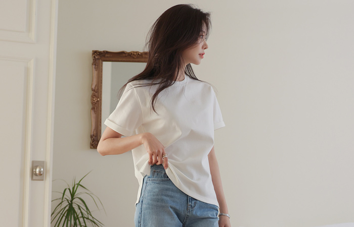 T Cotton Roll-up Sleeves Basic T-shirt