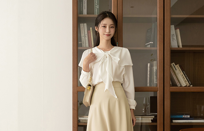 Soft Frill Cape Ribbon Knot Blouse