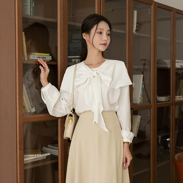 Soft Frill Cape Ribbon Knot Blouse