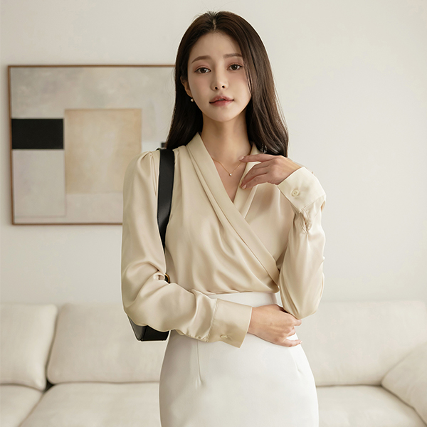 Sharon Satin Pintuck Shirring Wrap Blouse