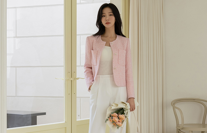 Romantic Pastel Color Sleeves Color Combination Tweed Jacket