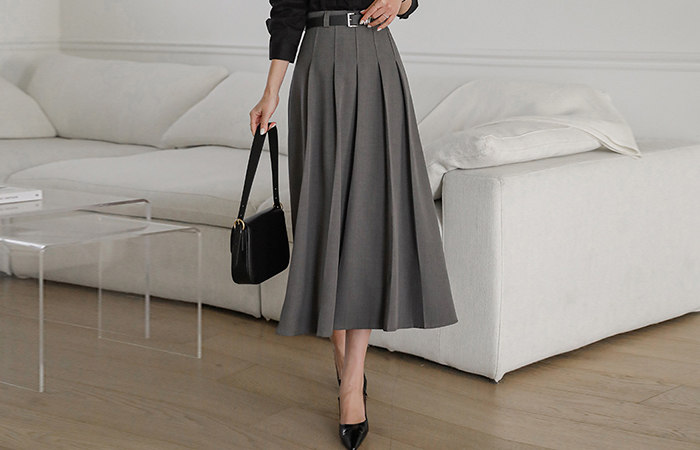 Front Pleats Detail Belt (Set) Long Skirt