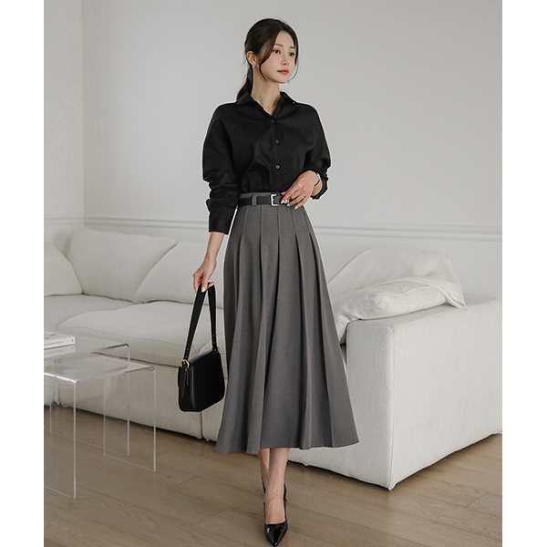 Front Pleats Detail Belt (Set) Long Skirt