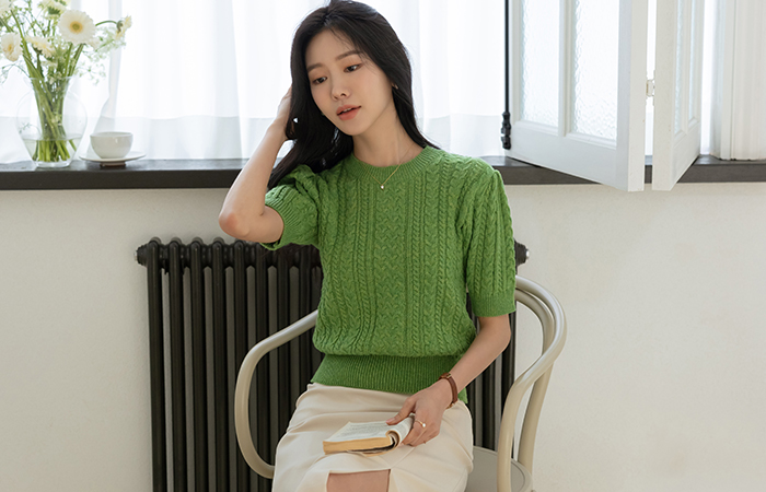 Cable Patterns Puff Short-sleeve Knit