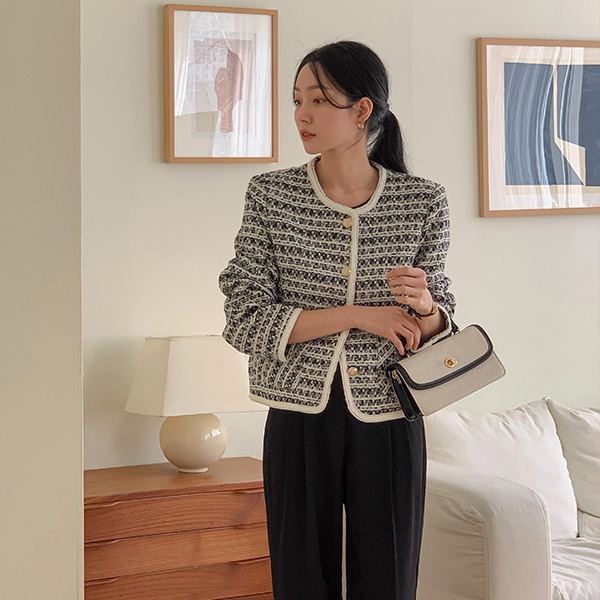 Color Combination Lining Gold Button Tweed Jacket