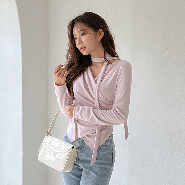 Romantic Shirring Hems Point V-neck T-shirt (ScarfSET)