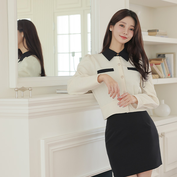Color Combination Tweed Puff Sleeves Crop Jacket