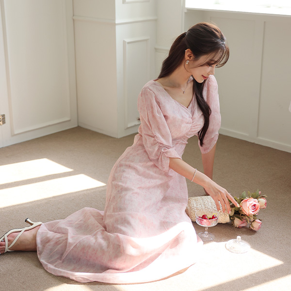 Watercolor Lettering Printing Heart Neck Shirring Chiffon Long Dress