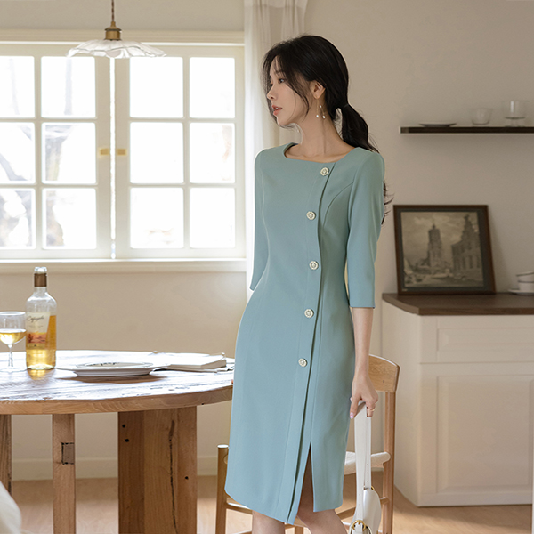 Line Pearl Decoration Slim Fit Three-Quarter Sleeves Dress