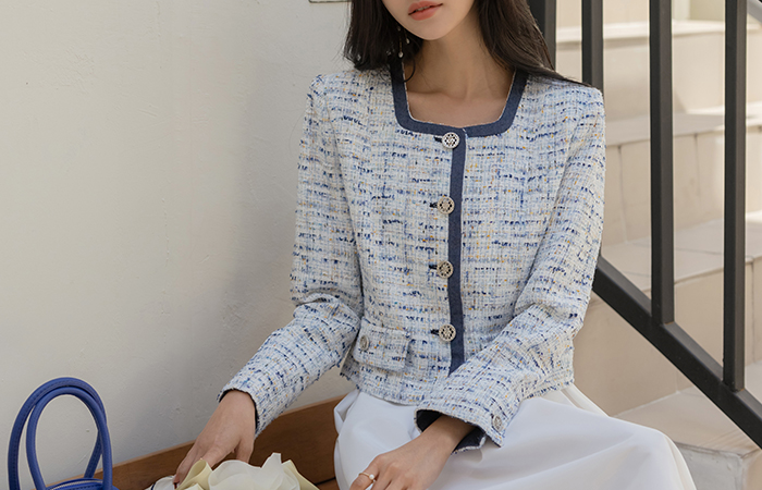 Shine Denim Line Square Neck blue Tweed Jacket