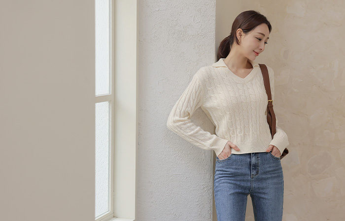 Daily V-neck Collar Cable Knit