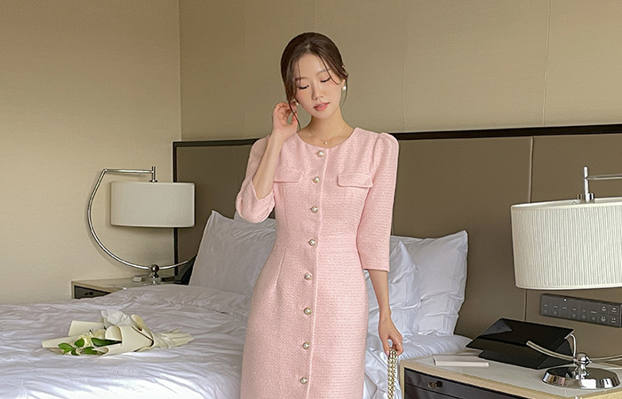 Romantic Pearl Button Slim Fit Tweed Dress