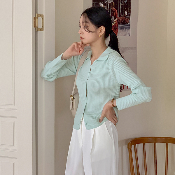 Macaron Color Corduroy Collar Knit Cardigan