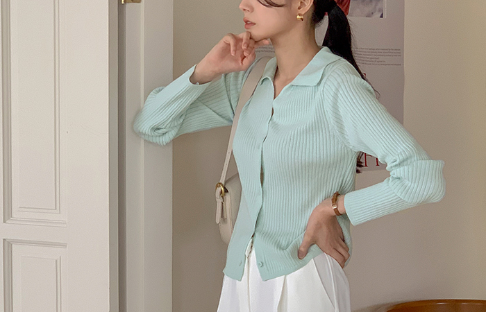 Macaron Color Corduroy Collar Knit Cardigan